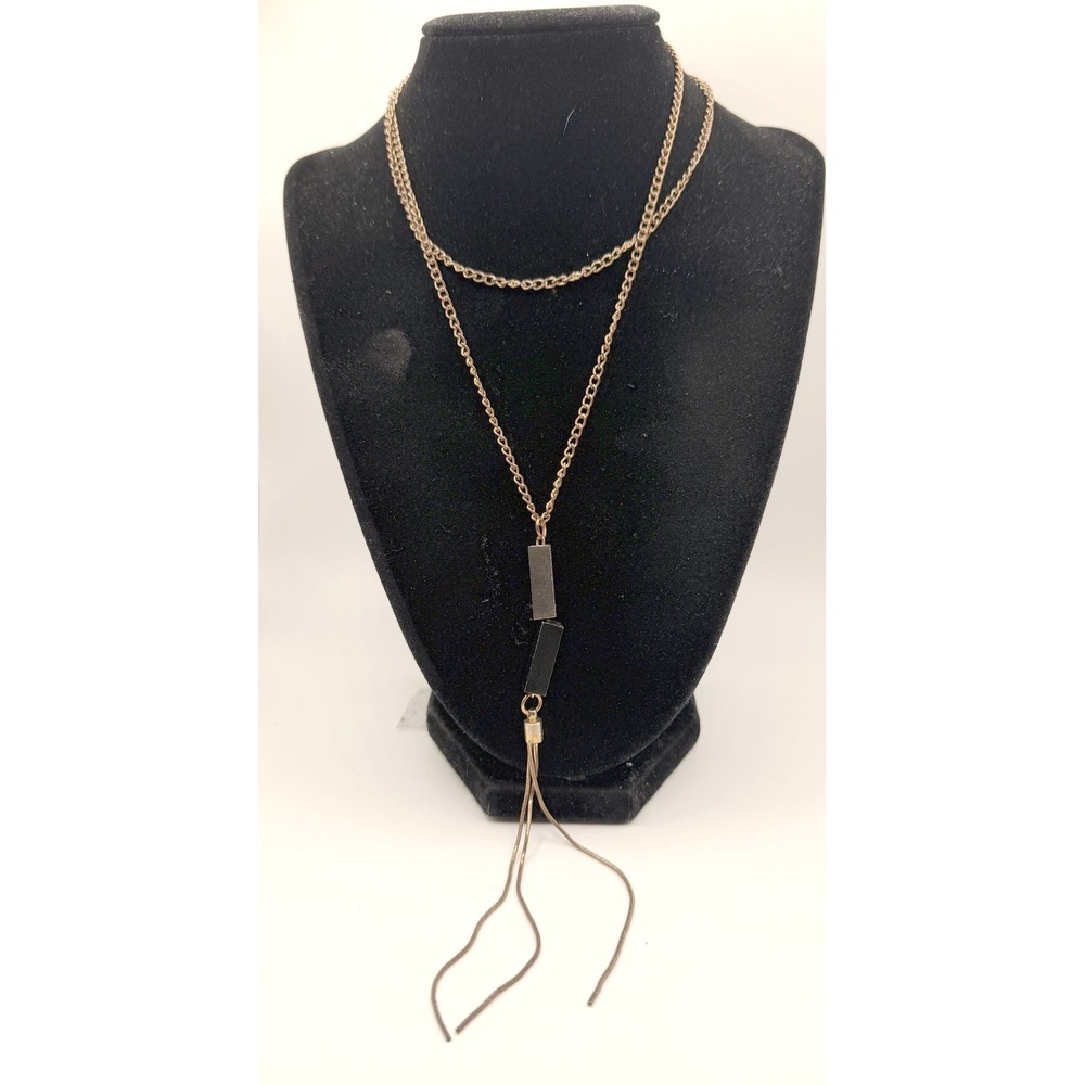 Long Black Fringe Necklace 30"‎ Mixed Metal Bar Pendant